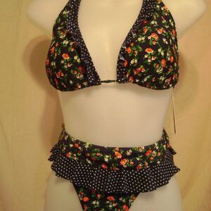 Jessica Simpson Dark Blue Floral Bikini Set Size M/L Two Piece Swimsuit Women’s